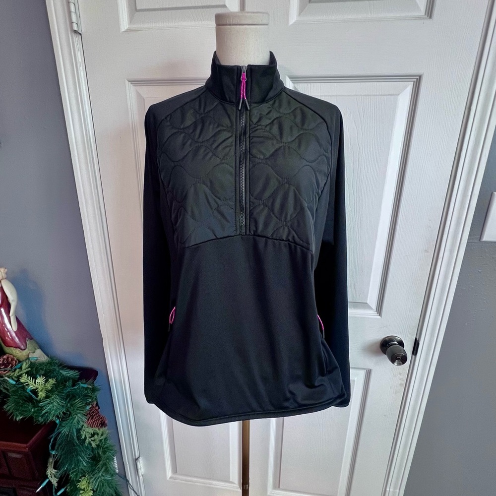 Asics Black Quilted Jacket Black Pink 1/2 Zip Pullover Sweater Stretch Women’s L